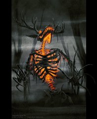 Walking Blight  Race: Walking Blight (daemon)  The Walking Blight: A spirit of decay that makes crops fail, spreads disease amongst livestock and happily eviscerates any sentient being it might encounter. They possess enough reason to understand and enjoy the misery they bring and also like to clothe themselves in bright colours if they can get their claws on the cloth, that is. Some rural communities, at great expense to themselves but better than losing their harvest, make offerings of silks and dyed fabrics for the beasts to leave their land alone. Sometimes this works but the Blight's aura of decay quickly ruins the clothes, fading the colours and breaking down the fibres into meer tatters so soon they want more. : undead, demon, skeletal, skeleton, black, dark, inner light, orange, fire, light, ribcage, decayed, monster, evil, gothic, horror, daemon, daemonslayers, OC, characters, species, original